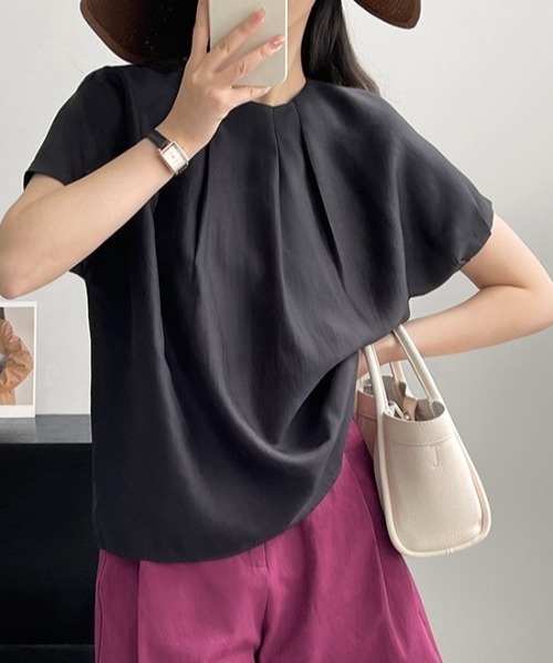 tシャツ クルーネックタックブラウス レディース