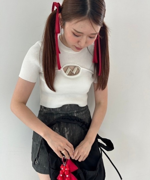 tシャツ ipugo/イプゴ ロゴミニ丈 半袖ニット レディース