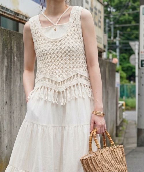 アンプル クロシェ編み フリンジ ニット ベスト ジレ レース コットン ベスト ジレ クロシェ編み ニット レディース : ZOZOTOWN Yahoo!店
