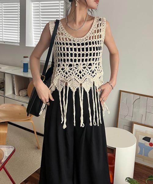 アンプル クロシェ編み フリンジ ニット ベスト ジレ レース コットン ベスト ジレ クロシェ編み ニット レディース : ZOZOTOWN Yahoo!店