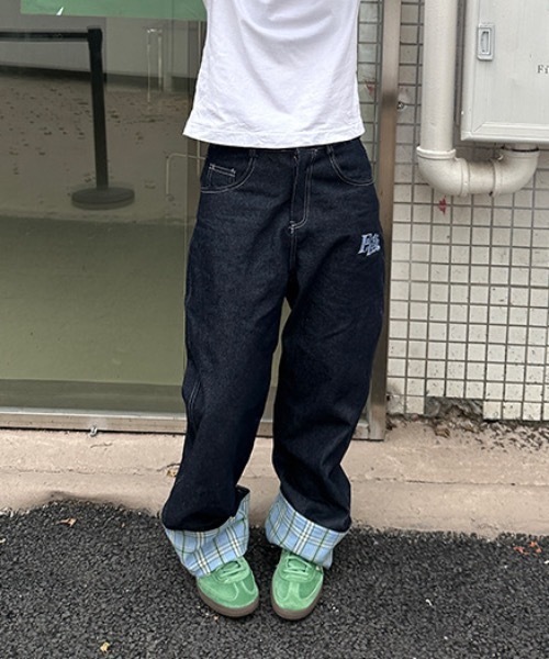 link lot ジーンズ 裾折り返し チェック デザイン ワンポイント