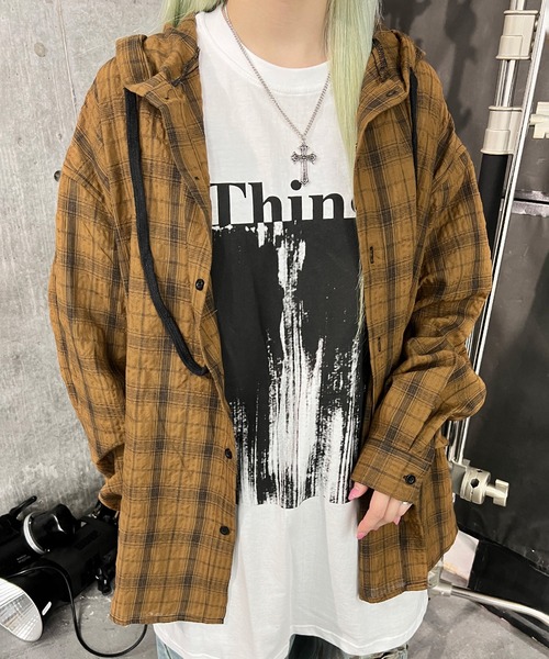 ブラウス シャツ フーデッドオーバーチェックシャツ レディース メンズ ブラウス シャツ フーデッドチェックシャツ レディース メンズ