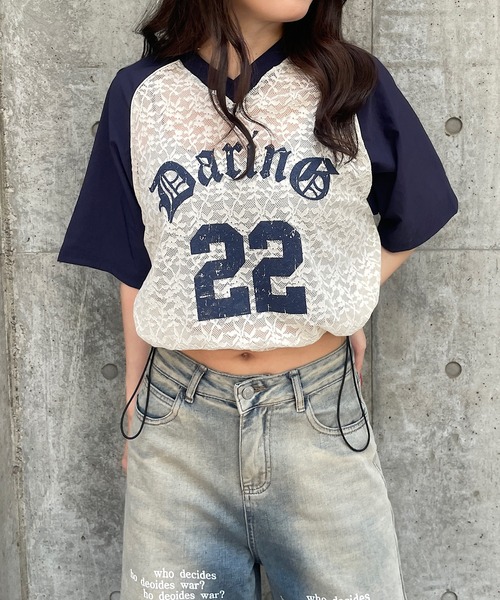 tシャツ レース切替ナンバリングユニフォームTシャツ　ショートTシャツ レディース