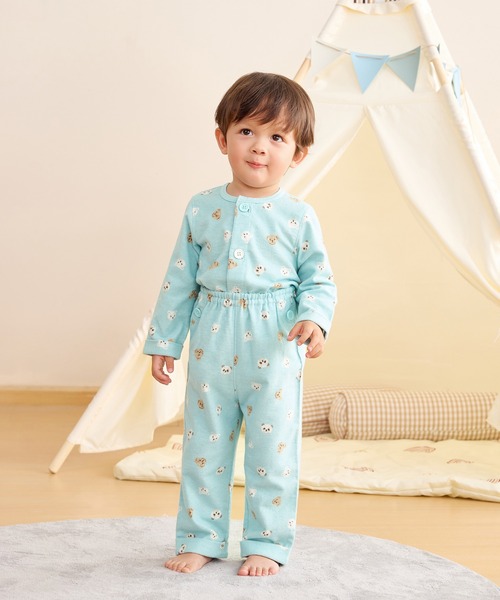 Combi mini パジャマ おなか安心ボタン付きやわらかネル起毛丸首長袖前