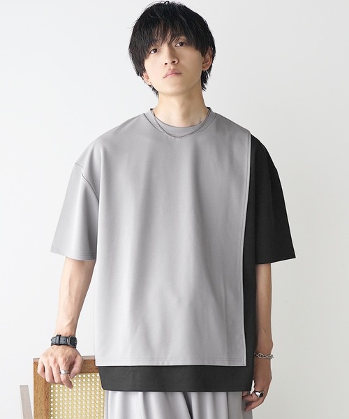 01961-9 24SS アシンメトリーシャツ　レイヤードシャツ バイカラー MinoriTY（マイノリティ） tシャツ 「MinoriTY」梨地アシンメトリー