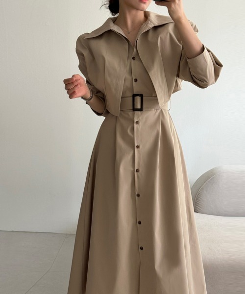 シャツワンピース ショート丈ジャケット＆ウエストベルト前開シャツ