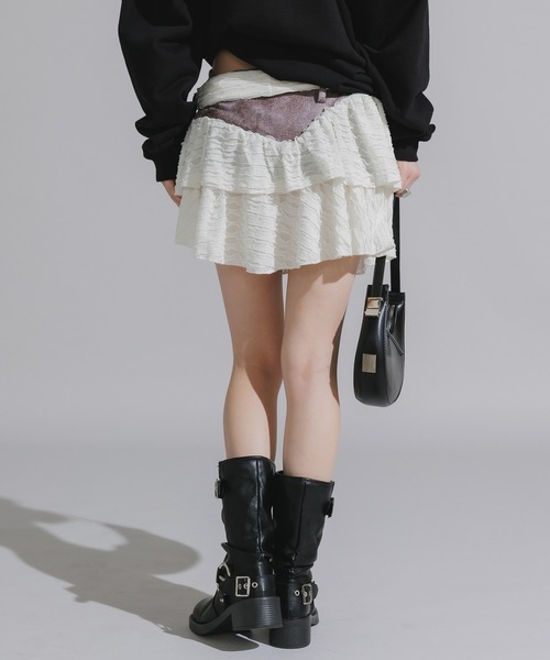 Chick スカート Tiered Mini Skirt with Waist Tie Belt and Ruffled
