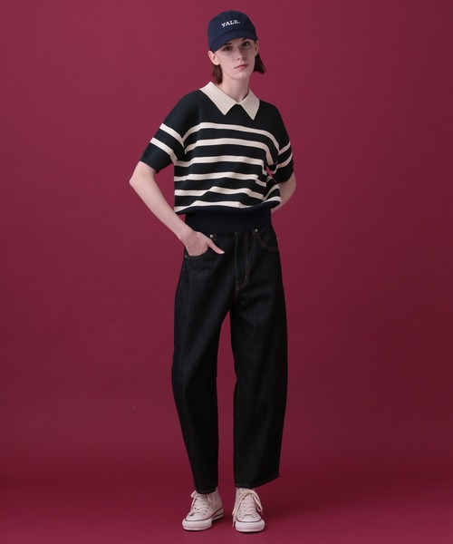 「saloon」 半袖ニット FREE ネイビー×ホワイト レディース_画像2