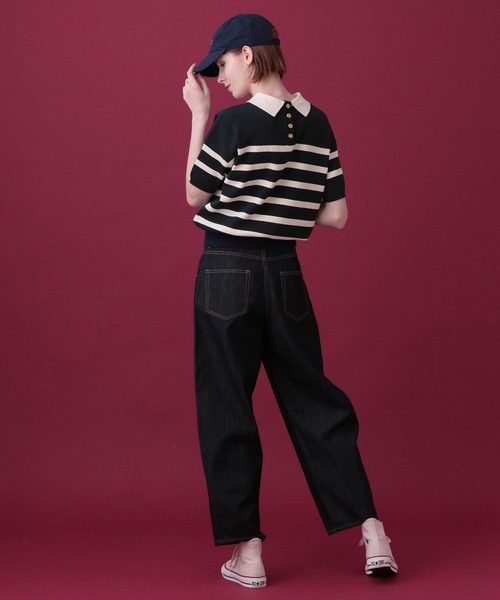 「saloon」 半袖ニット FREE ネイビー×ホワイト レディース_画像3