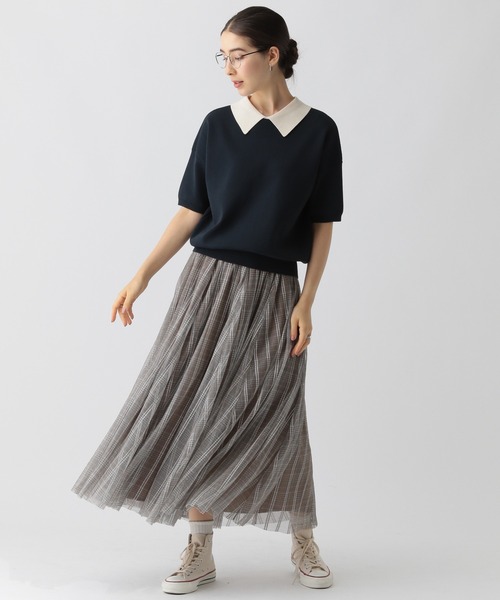 「saloon」 半袖ニット FREE ネイビー×ホワイト レディース_画像6