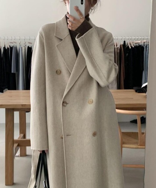 コート アウター ダブルブレストロングショルダーロングコート