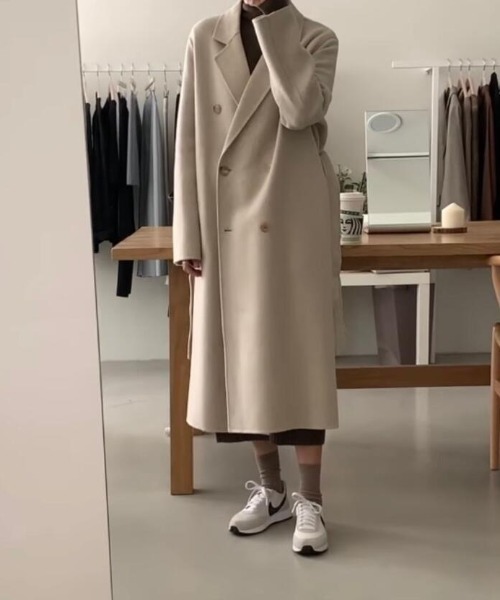 コート アウター ダブルブレストロングショルダーロングコート
