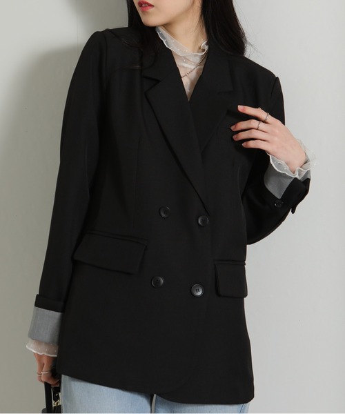 pinue レイヤードジャケット（ブラック） Pinstripe Patch Pocket Open Front Jacket ジャケット・アウター