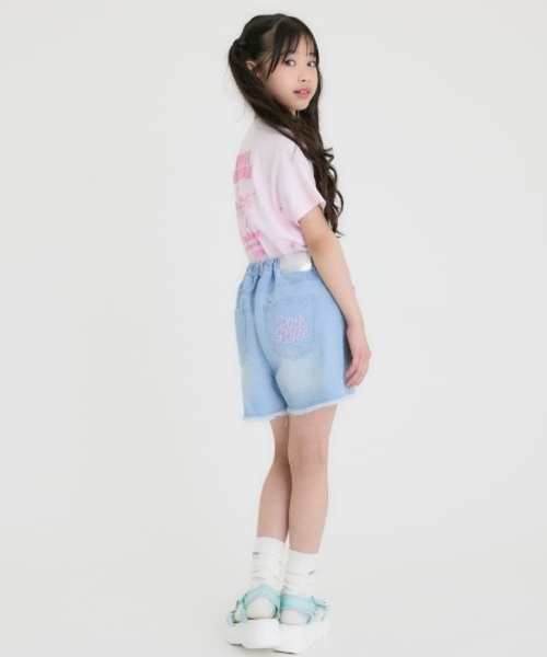 PINK LATTEデニムショーパンフリル平成ギャルY2Kロゴハート柄ダメージ風 PINK-latte（ピンクラテ） パンツ ダメージショートパンツ キッズ 子供