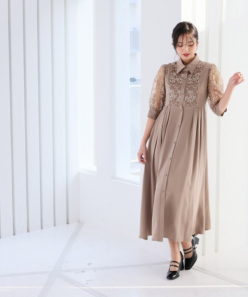 PourVous ドレス ロング＆七分袖フォーマルシャツワンピース