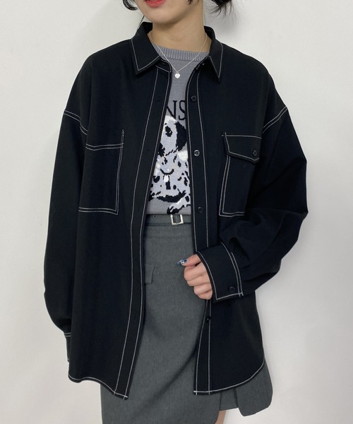 ブラウス シャツ 配色ステッチルーズCPOシャツ レディース