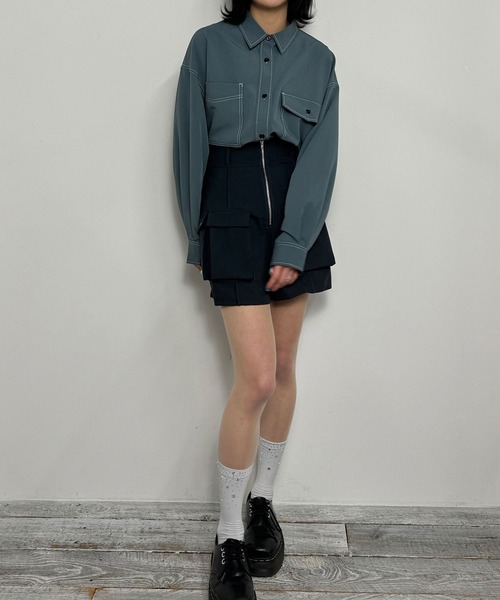 ブラウス シャツ 配色ステッチルーズCPOシャツ レディース