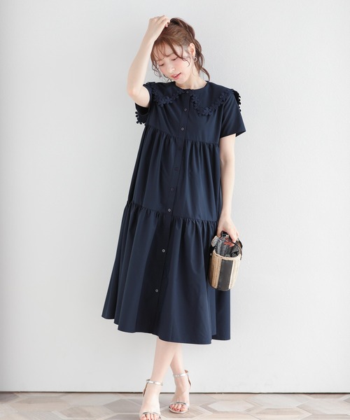 Fit more ワンピース フラワーレース襟ティアードワンピース