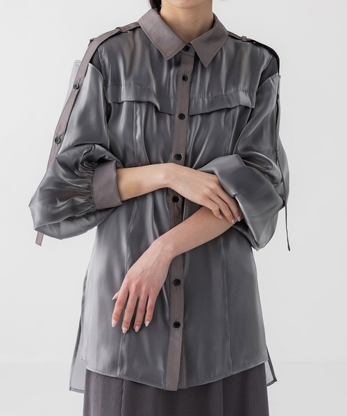 シャツ ブラウス ショルダーカットシアーロングシャツ レディース 