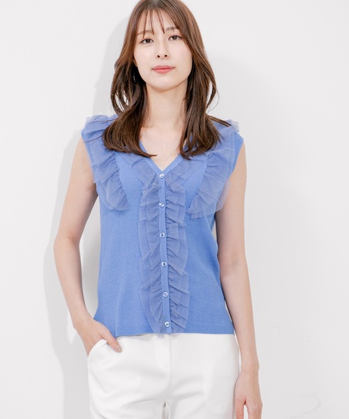 美品　長袖　フリル付き　コットンシャツ　ブルー　　36 COFREX】 前立ミニフリル 長袖 レディースフリルシャツ(S ダーク