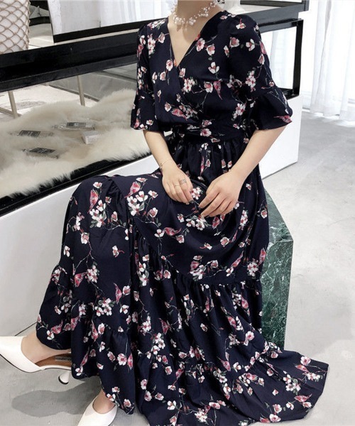miniministore ワンピース 花柄ワンピース5分袖ティアード