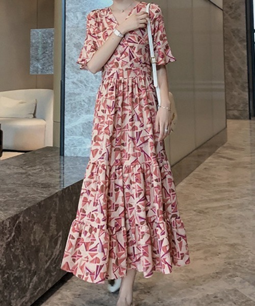 DVF メッシュ花柄プリント フレア袖 タイトワンピース 伸縮 快適 miniministore ワンピース 花柄ワンピース5分袖ティアード