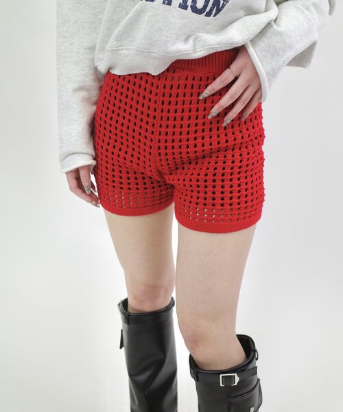 【関税込み】GUIZIO レッド スカラップ ニット ショートパンツ WHO'S WHO gallery パンツ 透かし編みニットショートパンツ