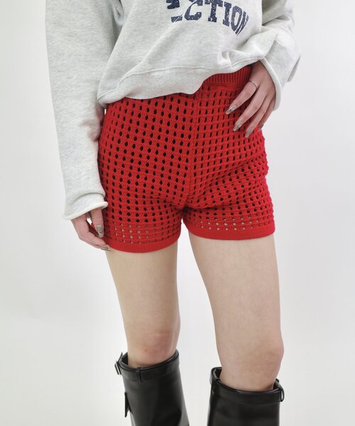 ミックスニットショートパンツ リブ編み黒ショートパンツ ニットショートパンツ（ショート・ハーフパンツ）｜U by