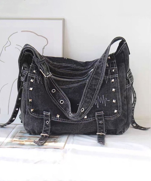 美品✨アエナ ショルダーバッグ レザー 黒 ステッチ 編み込み ダブルファスナー FUNALIVE ショルダーバッグ ABETTOR 12.5オンスハードデニム加工