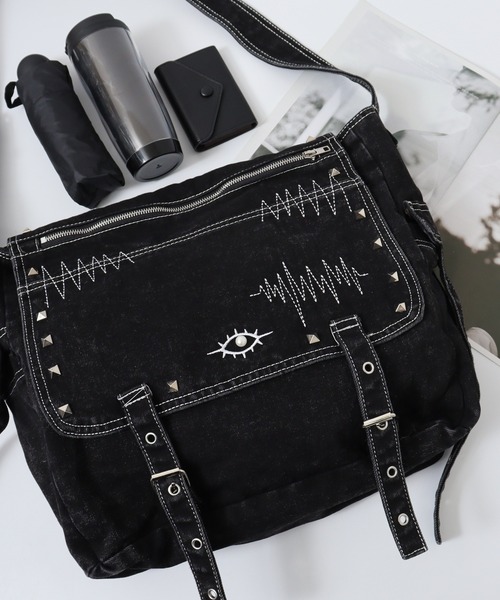 美品✨アエナ ショルダーバッグ レザー 黒 ステッチ 編み込み ダブルファスナー FUNALIVE ショルダーバッグ ABETTOR 12.5オンスハードデニム加工