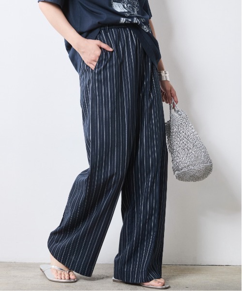 パンツ ハイウエスト ゆったり ストライプ XS/3XL CHIC STYLE パンツ ストライプリラックスパンツ(ペチパンツ付
