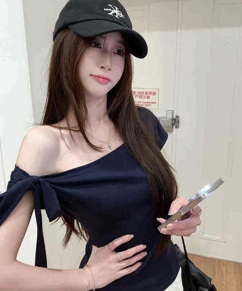 NoBelle tシャツ 2way 肩リボン ワンショルダー Tシャツ無地