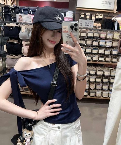 NoBelle tシャツ 2way 肩リボン ワンショルダー Tシャツ無地