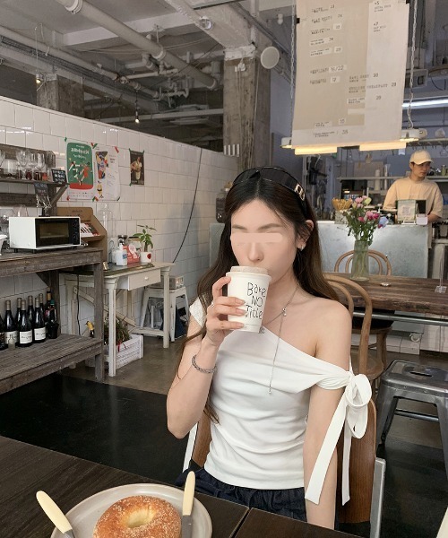 NoBelle tシャツ 2way 肩リボン ワンショルダー Tシャツ無地