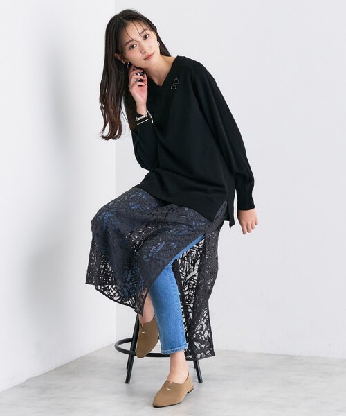 【新品タグ付】INDIVI インディヴィキレイめ チュニック 19号 黒 羽織り INDIVI（インディヴィ） ニット セーター 「洗える／チュニック丈