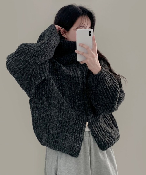 Aelina カーディガン ハイネックダブルジップニットカーディガン