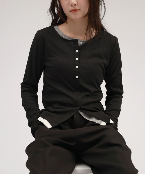 andme（アンドミー） tシャツ ヘンリーネックバイカラー長袖シアー