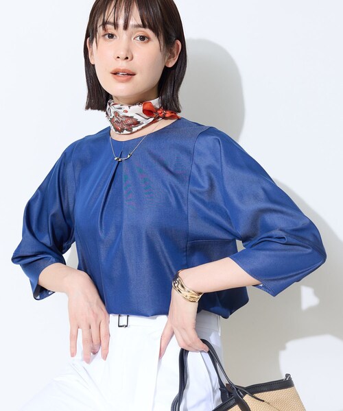 ブラウス シャツ 入学式 「洗える／UVケア／SETUP可能」デニムライク ランタン袖ブラウス レディースの画像