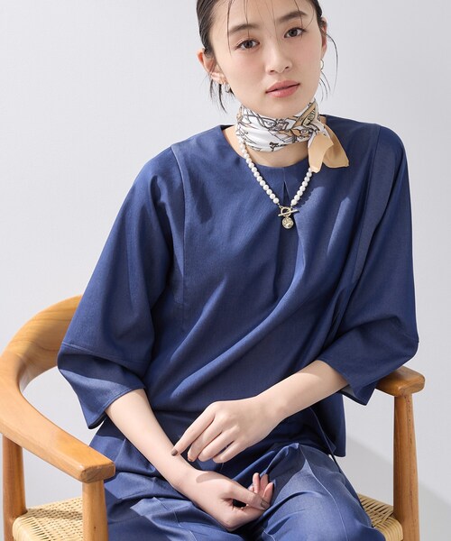 ブラウス シャツ 入学式 「洗える／UVケア／SETUP可能」デニムライク ランタン袖ブラウス レディースの画像