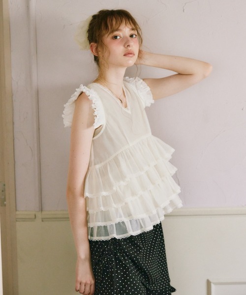 ブラウス シャツ sheer frill tiered blouse / ティアードノースリーブ
