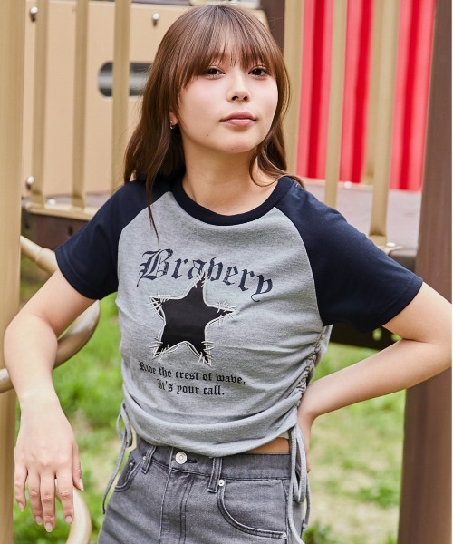 00s Nozomi Ishiguro 変形カットソー Tシャツ 亜熱帯 y2k tシャツ 半袖 「ダメージスター×ロゴ」ドロストカットソー／Y2K／春夏