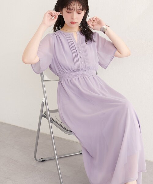 natural couture ワンピース 半袖 ピンタックフレア袖ワンピース