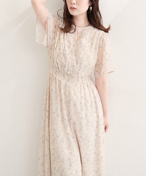 natural couture ワンピース 半袖 ピンタックフレア袖ワンピース
