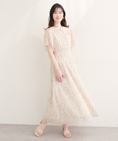 natural couture ワンピース 半袖 ピンタックフレア袖ワンピース
