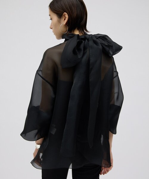 美品 Whim Gazette オーガンザボウブラウス 黒 ボウタイブラウス Whim Gazette（ウィム ガゼット） ブラウス シャツ サテンオーガンザ