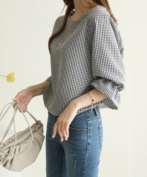 ブラウス シャツ フリルスリーブギンガムチェックブラウス レディース