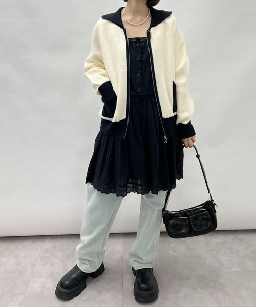 ニット セーター バイカラーニットブルゾン レディース