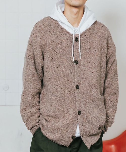 ROOP TOKYO カーディガン ウール混5G鹿の子編みカラーネップクルー