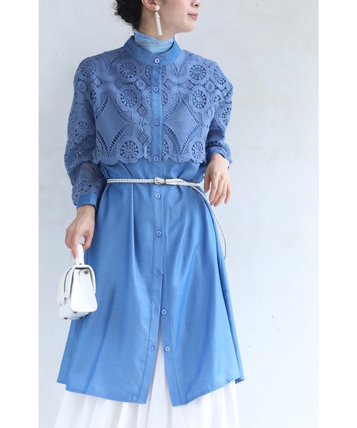 【極美品トゥービーシック⭐️ カットワーク レース チュニック　ブルー　半袖　L 極美品トゥービーシック⭐️ カットワーク レース チュニック