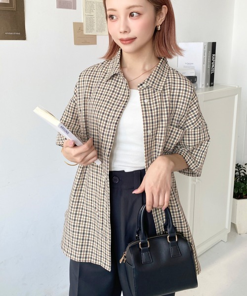 moment+ ブラウス シャツ オーバーチェック半袖ルーズシャツ